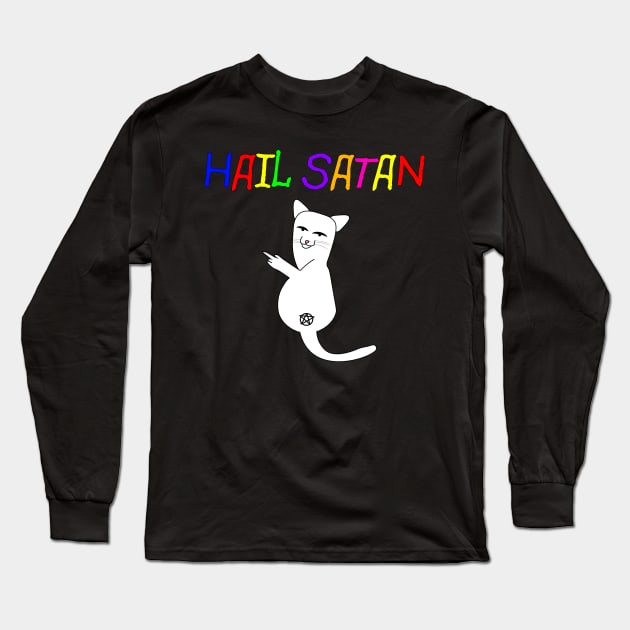 Hail Satan Middle Finger Cat Long Sleeve T-Shirt by womanpowertees